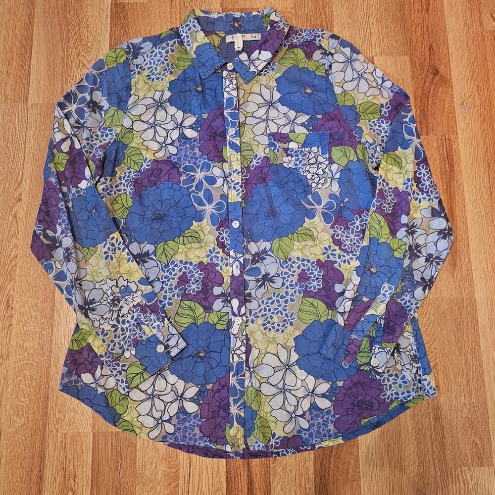Blue Floral Button Down Cotton Shirt Women M Long Sleeve 2010 Layering - Picture 2 of 8
